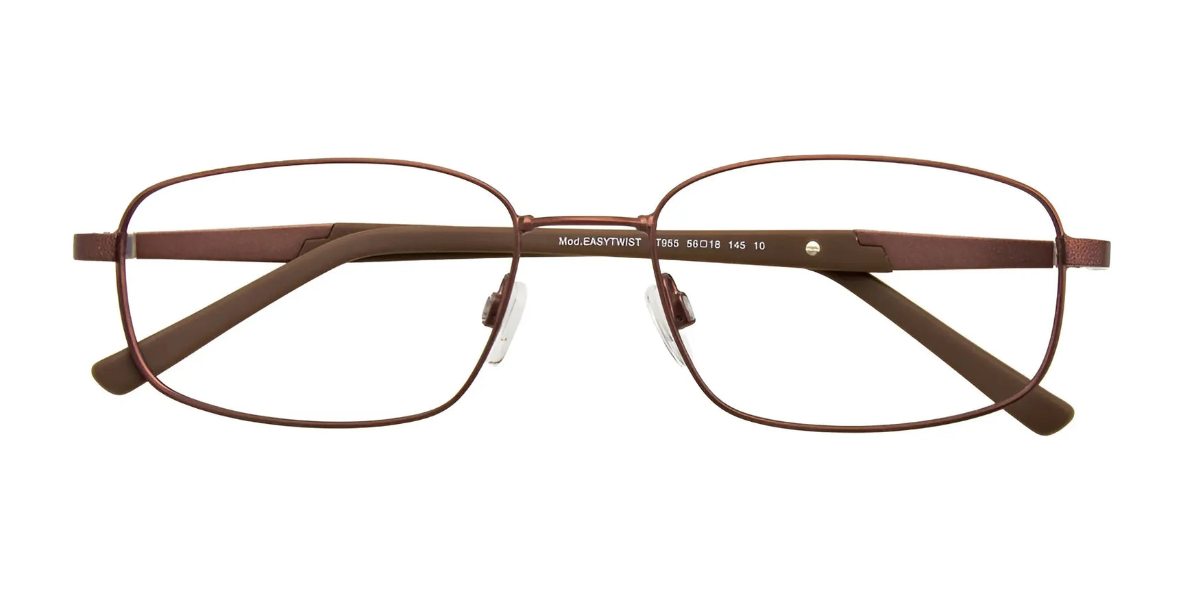 EasyTwist ET955 Eyeglasses by EasyTwist, size 56, feature brown rectangular thin metal frames with clear nose pads, shown from the front. EasyTwist ET955 Eyeglasses by EasyTwist, size 56, feature brown rectangular thin metal frames with clear nose pads, shown from the front.