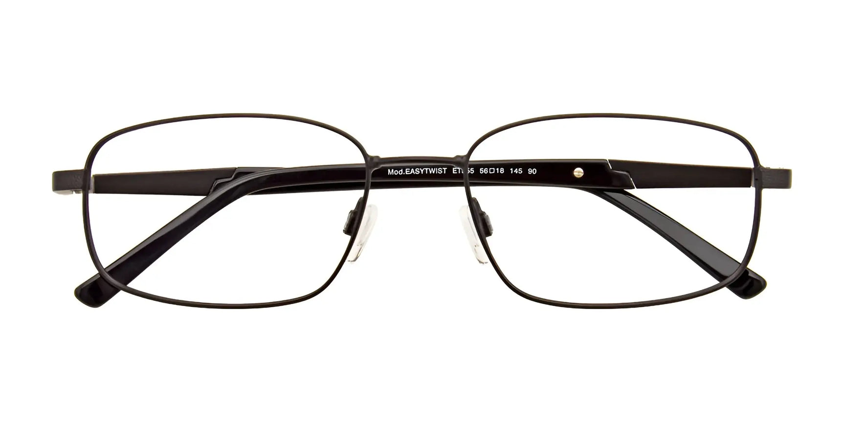 The EasyTwist ET955 Eyeglasses by EasyTwist have black rectangular frames, a thin metal rim, and adjustable nose pads, viewed from the front. Size 56. The EasyTwist ET955 Eyeglasses by EasyTwist have black rectangular frames, a thin metal rim, and adjustable nose pads, viewed from the front. Size 56.