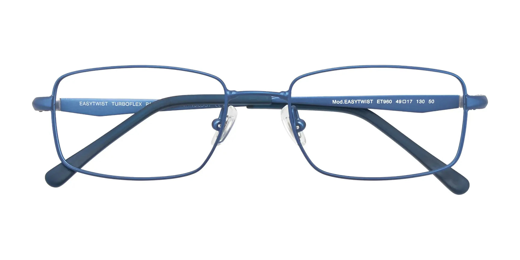 The EasyTwist ET960 Eyeglasses | Size 49 feature blue rectangular full-rim frames with black temples, displayed front-facing on a white background—an EasyTwist design known for its twistable frames. The EasyTwist ET960 Eyeglasses | Size 49 feature blue rectangular full-rim frames with black temples, displayed front-facing on a white background—an EasyTwist design known for its twistable frames.