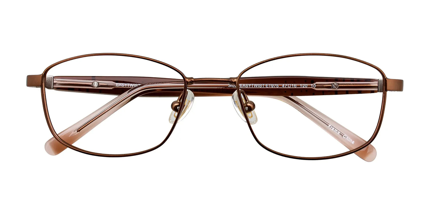 EasyTwist ET975 Eyeglasses by EasyTwist in size 47 feature brown rectangular frames with a thin, modern design and transparent plastic nose pads, shown from the front. EasyTwist ET975 Eyeglasses by EasyTwist in size 47 feature brown rectangular frames with a thin, modern design and transparent plastic nose pads, shown from the front.