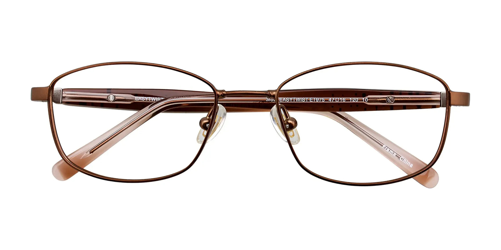 EasyTwist ET975 Eyeglasses by EasyTwist in size 47 feature brown rectangular frames with a thin, modern design and transparent plastic nose pads, shown from the front. EasyTwist ET975 Eyeglasses by EasyTwist in size 47 feature brown rectangular frames with a thin, modern design and transparent plastic nose pads, shown from the front.