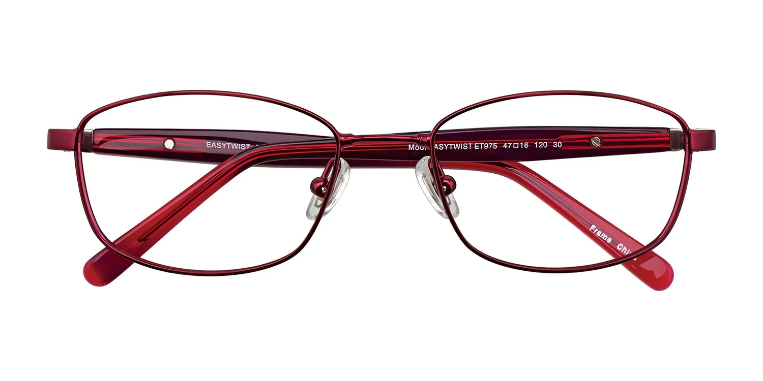 The EasyTwist ET975 Eyeglasses by EasyTwist feature a red oval frame, metal construction, clear nose pads, and flexible plastic temples, shown on a white background. Size 47. The EasyTwist ET975 Eyeglasses by EasyTwist feature a red oval frame, metal construction, clear nose pads, and flexible plastic temples, shown on a white background. Size 47.