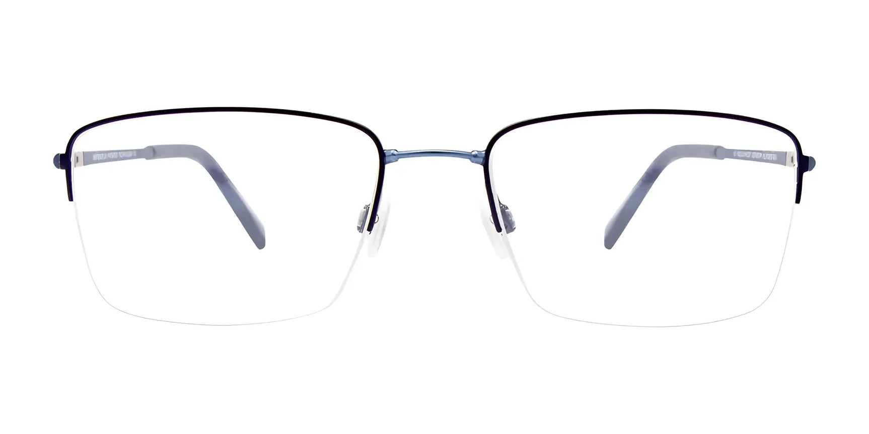 The EasyTwist ET996 Eyeglasses by EasyTwist feature a rectangular, half-rim metal frame in thin black with clear nose pads and EasyTwist technology for durability and flexibility; stylish front view shown. Size 56. The EasyTwist ET996 Eyeglasses by EasyTwist feature a rectangular, half-rim metal frame in thin black with clear nose pads and EasyTwist technology for durability and flexibility; stylish front view shown. Size 56.