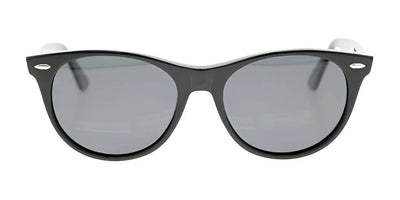 The Fatheadz BURST sunglasses, featuring a black wayfarer-style design and polarized lenses, elegantly rest on a white background, providing both style and optimal eye protection.