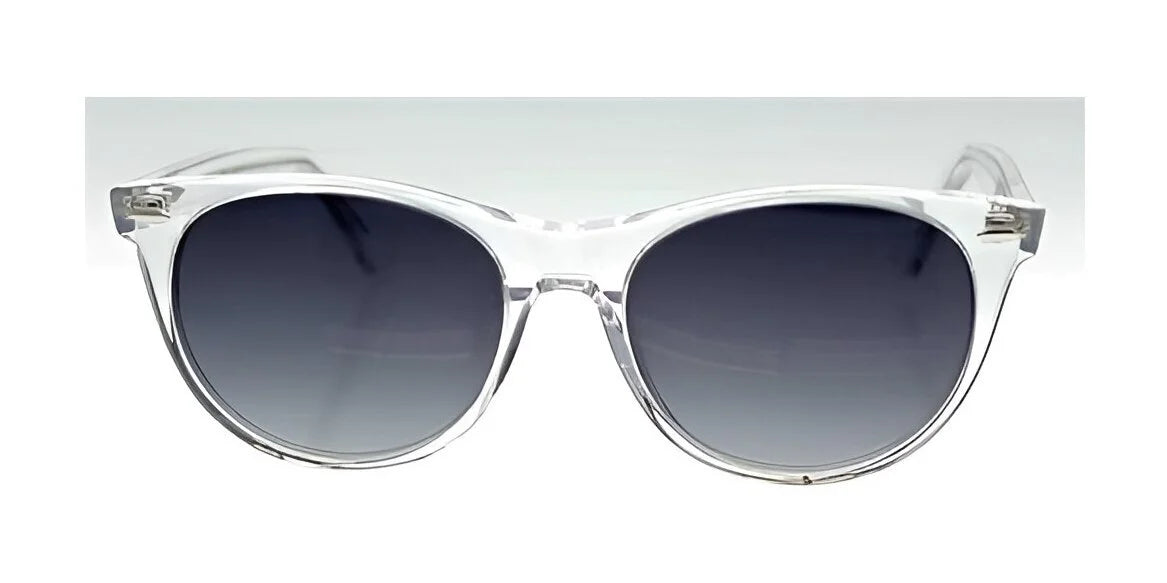 The Fatheadz BURST Sunglasses, featuring clear frames and polarized dark lenses, are gracefully displayed against a pristine white background. The Fatheadz BURST Sunglasses, featuring clear frames and polarized dark lenses, are gracefully displayed against a pristine white background.