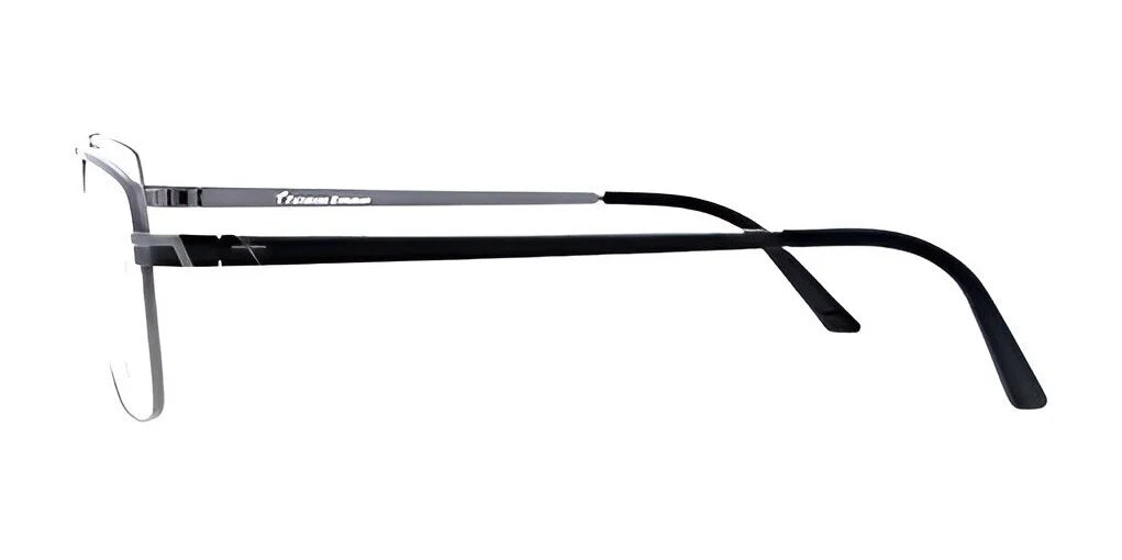 Side view of the stylish Fatheadz COLLATERAL Eyeglasses in sleek black and silver, showcasing thin metal frames and adjustable nose pads, available in Size 60. Side view of the stylish Fatheadz COLLATERAL Eyeglasses in sleek black and silver, showcasing thin metal frames and adjustable nose pads, available in Size 60.