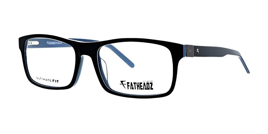 The Fatheadz HS GARY Eyeglasses in size 58 are black rectangular frames that showcase the "Fatheadz" logo on both the lens and temple, specifically tailored for larger head sizes. These eyeglasses combine style with a comfortable fit. The Fatheadz HS GARY Eyeglasses in size 58 are black rectangular frames that showcase the "Fatheadz" logo on both the lens and temple, specifically tailored for larger head sizes. These eyeglasses combine style with a comfortable fit.