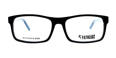 A pair of fashionable black rectangular eyeglasses from Fatheadz, designed for larger head sizes, showcasing the product name "Fatheadz HS GARY Eyeglasses | Size 58" on the lenses.