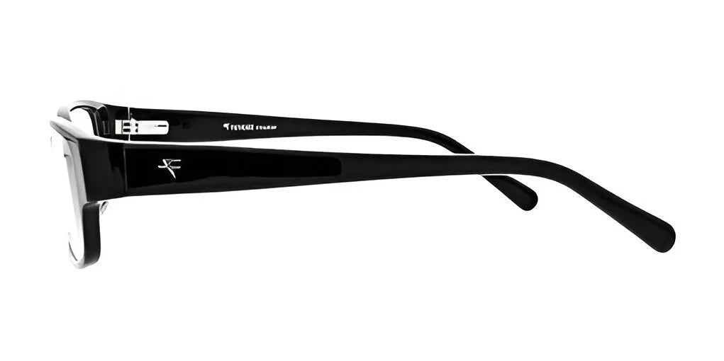 Side view of the black rectangular Fatheadz JAXSONIAN Eyeglasses | Size 60, featuring a logo on the temple, offering bold fashion and maximum comfort. Side view of the black rectangular Fatheadz JAXSONIAN Eyeglasses | Size 60, featuring a logo on the temple, offering bold fashion and maximum comfort.