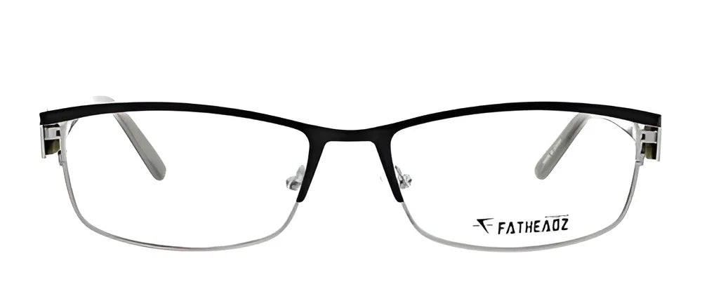 The Fatheadz JULIO Eyeglasses in size 60 offer a sleek and stylish look with black semi-rimless frames, clear lenses, and silver temples, elegantly displayed from the front. The Fatheadz JULIO Eyeglasses in size 60 offer a sleek and stylish look with black semi-rimless frames, clear lenses, and silver temples, elegantly displayed from the front.
