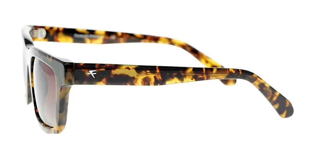 Side view of the Fatheadz MELLO Sunglasses | Size 51 showcasing tortoiseshell frames paired with polarized brown lenses for superior UV protection, complete with a chic brand logo on the arm. Side view of the Fatheadz MELLO Sunglasses | Size 51 showcasing tortoiseshell frames paired with polarized brown lenses for superior UV protection, complete with a chic brand logo on the arm.
