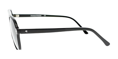 The side view of oversized black eyeglasses with a small logo on the arm, designed in the style of Fatheadz PRINCE sunglasses, set against a white background.