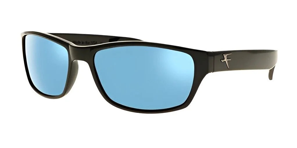 The Fatheadz SHUE Sunglasses, designed for larger head sizes and featuring a small logo on the arm, come in black with blue mirrored polarized lenses. The Fatheadz SHUE Sunglasses, designed for larger head sizes and featuring a small logo on the arm, come in black with blue mirrored polarized lenses.