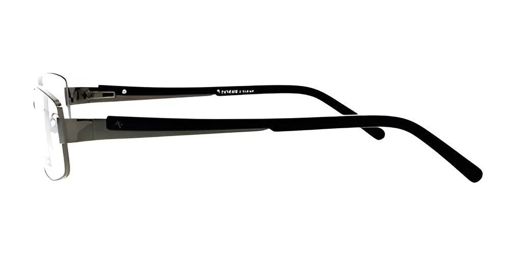 Presenting the Fatheadz STAND Eyeglasses, Size 61 by Fatheadz—side view showcases comfortable eyewear with black arms and a sleek metallic frame, ideal for larger faces. Designed for those who appreciate both style and comfort. Presenting the Fatheadz STAND Eyeglasses, Size 61 by Fatheadz—side view showcases comfortable eyewear with black arms and a sleek metallic frame, ideal for larger faces. Designed for those who appreciate both style and comfort.