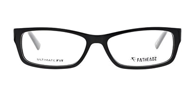 These black rectangular glasses with clear lenses are perfect for individuals with larger head sizes. The interior is marked with "Ultimate Fit" and "Fatheadz THE MIK Eyeglasses | Size 60" to guarantee an ideal fit.