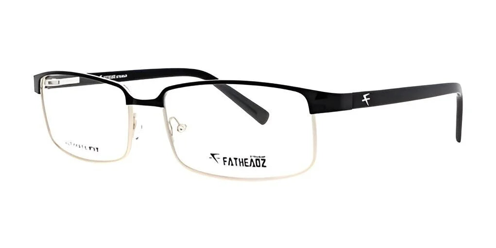 Black and silver rectangle half-rim glasses featuring a sleek thin metal frame and adjustable nose pads for a perfect fit, inspired by the Fatheadz VITO Eyeglasses from the Fatheadz brand. Black and silver rectangle half-rim glasses featuring a sleek thin metal frame and adjustable nose pads for a perfect fit, inspired by the Fatheadz VITO Eyeglasses from the Fatheadz brand.
