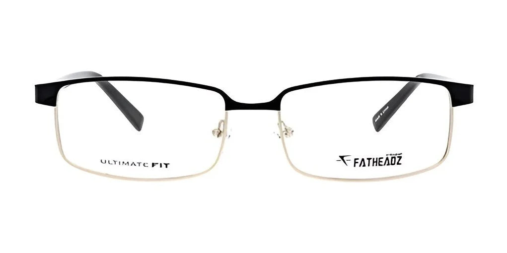 The Fatheadz VITO Eyeglasses in black and gold feature a rectangle half-rim design with the "Fatheadz" branding on the lens, offering both style and comfort with adjustable nose pads. The Fatheadz VITO Eyeglasses in black and gold feature a rectangle half-rim design with the "Fatheadz" branding on the lens, offering both style and comfort with adjustable nose pads.