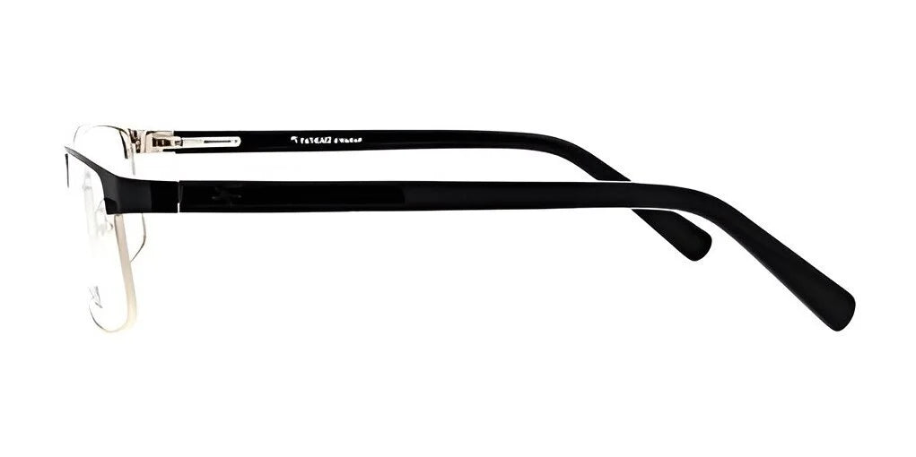 Side view of the stylish Fatheadz VITO Eyeglasses | Size 61 showcasing black-rimmed frames complemented by clear temple tips, silver hinge accents, and adjustable nose pads for a comfortable fit. Side view of the stylish Fatheadz VITO Eyeglasses | Size 61 showcasing black-rimmed frames complemented by clear temple tips, silver hinge accents, and adjustable nose pads for a comfortable fit.