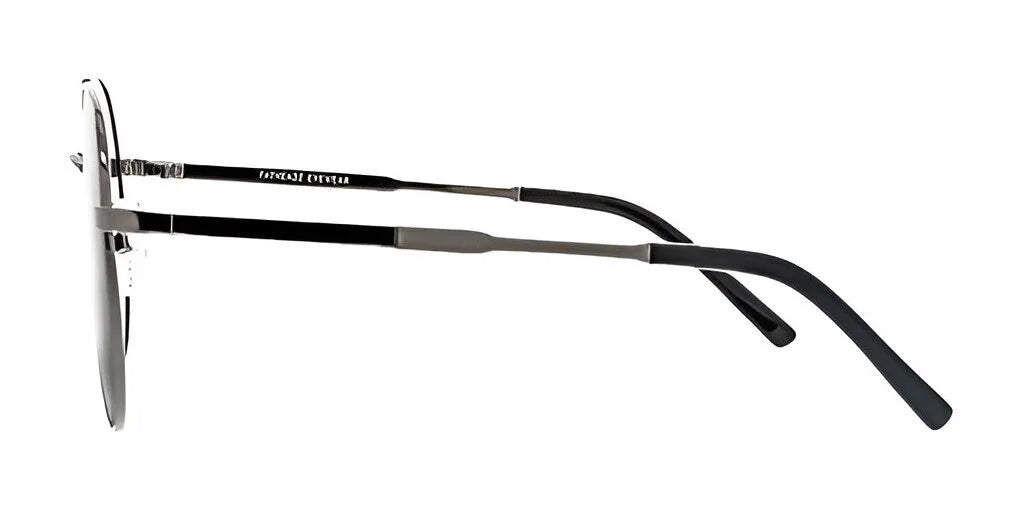 A side view of the Fatheadz ZOUND Sunglasses | Size 60 showcases their sleek black and silver frames, complemented by thin metal arms, black temple tips, and polarized lenses for exceptional clarity. A side view of the Fatheadz ZOUND Sunglasses | Size 60 showcases their sleek black and silver frames, complemented by thin metal arms, black temple tips, and polarized lenses for exceptional clarity.