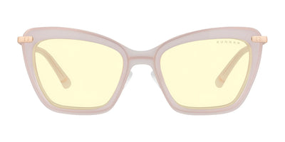 Gunnar Anna Computer Glasses, Size 54, feature white cat-eye frames with light yellow lenses and gold hinges. Enhanced with GUNNAR lens technology, they provide ultimate blue light blocking.