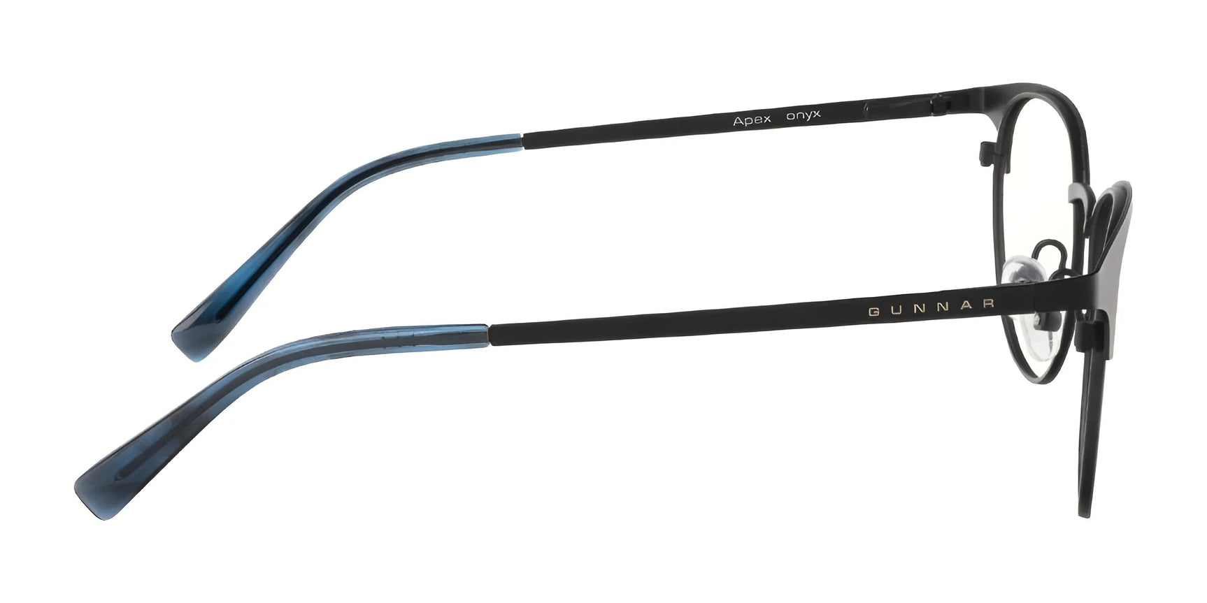 Side view of Gunnar Apex Computer Glasses | Size 51, featuring a black frame with clear lenses and stylish blue-tinted earpieces, designed to reduce digital eye strain by filtering harmful blue light. Side view of Gunnar Apex Computer Glasses | Size 51, featuring a black frame with clear lenses and stylish blue-tinted earpieces, designed to reduce digital eye strain by filtering harmful blue light.