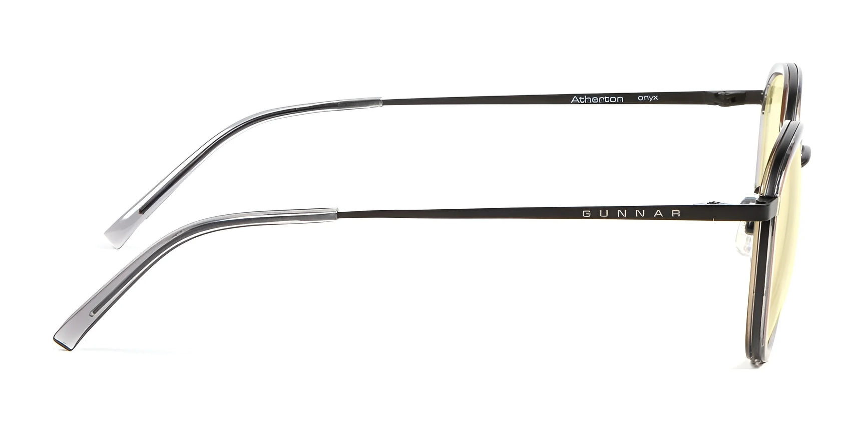 Side view of Gunnar Atherton Computer Glasses, size 48, with yellow lenses and black frames. They feature straight temples and GUNNAR's advanced lens technology for optimal blue light protection. Side view of Gunnar Atherton Computer Glasses, size 48, with yellow lenses and black frames. They feature straight temples and GUNNAR's advanced lens technology for optimal blue light protection.