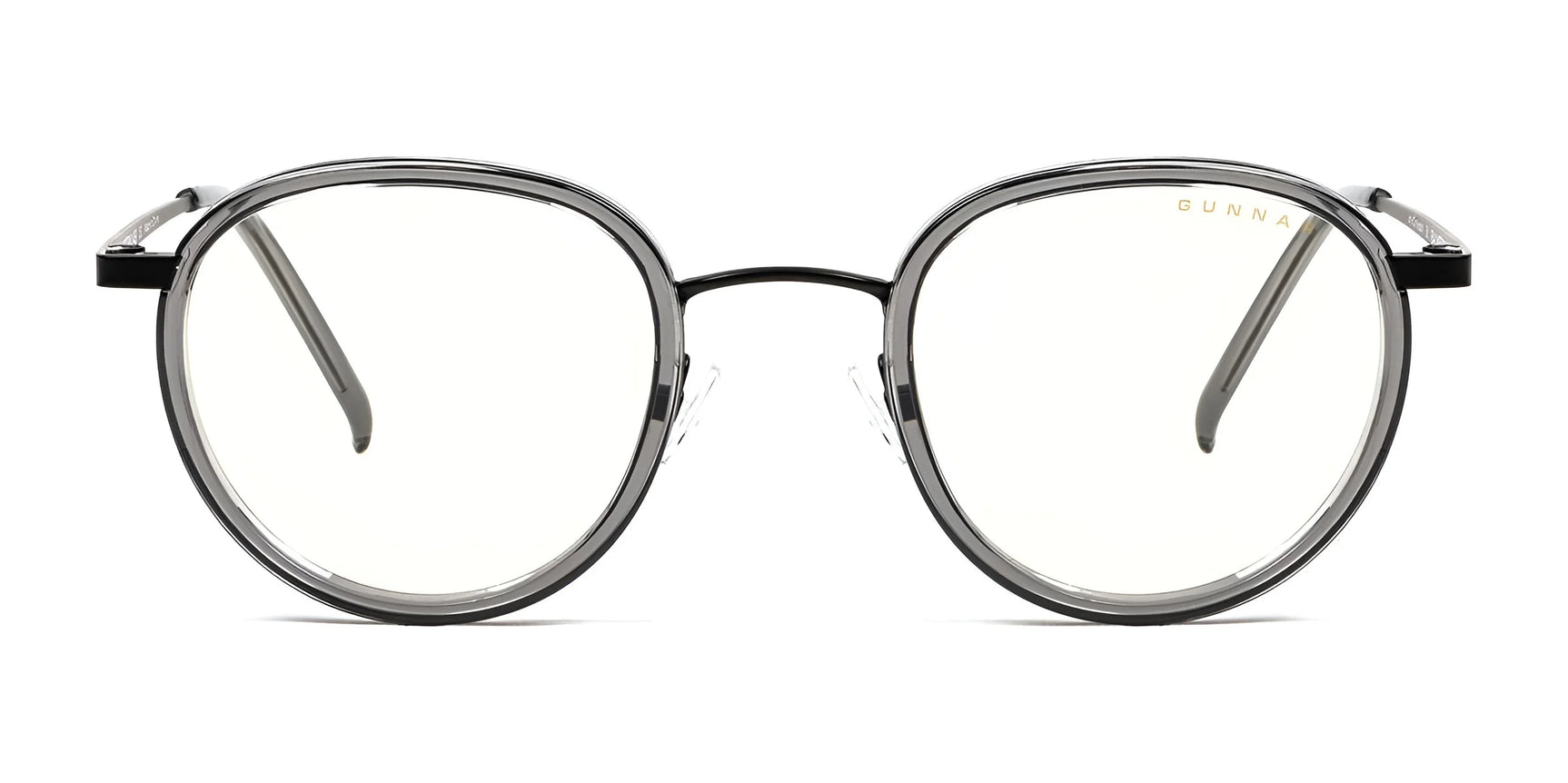 Close-up of Gunnar Atherton Computer Glasses, Size 48, with clear round lenses and a thin black frame featuring anti-reflective coating on a white background. Close-up of Gunnar Atherton Computer Glasses, Size 48, with clear round lenses and a thin black frame featuring anti-reflective coating on a white background.