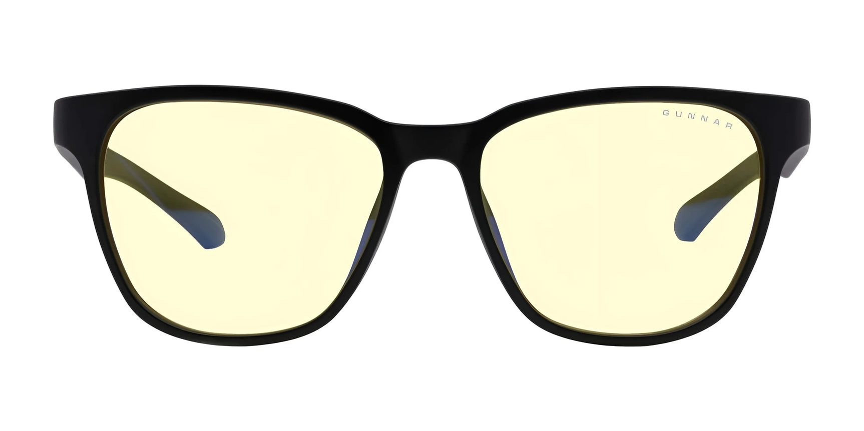 The Gunnar Berkeley Computer Glasses, Size 54, feature a black frame and yellow-tinted, anti-reflective lenses that offer superb blue light protection when viewed from the front. The Gunnar Berkeley Computer Glasses, Size 54, feature a black frame and yellow-tinted, anti-reflective lenses that offer superb blue light protection when viewed from the front.