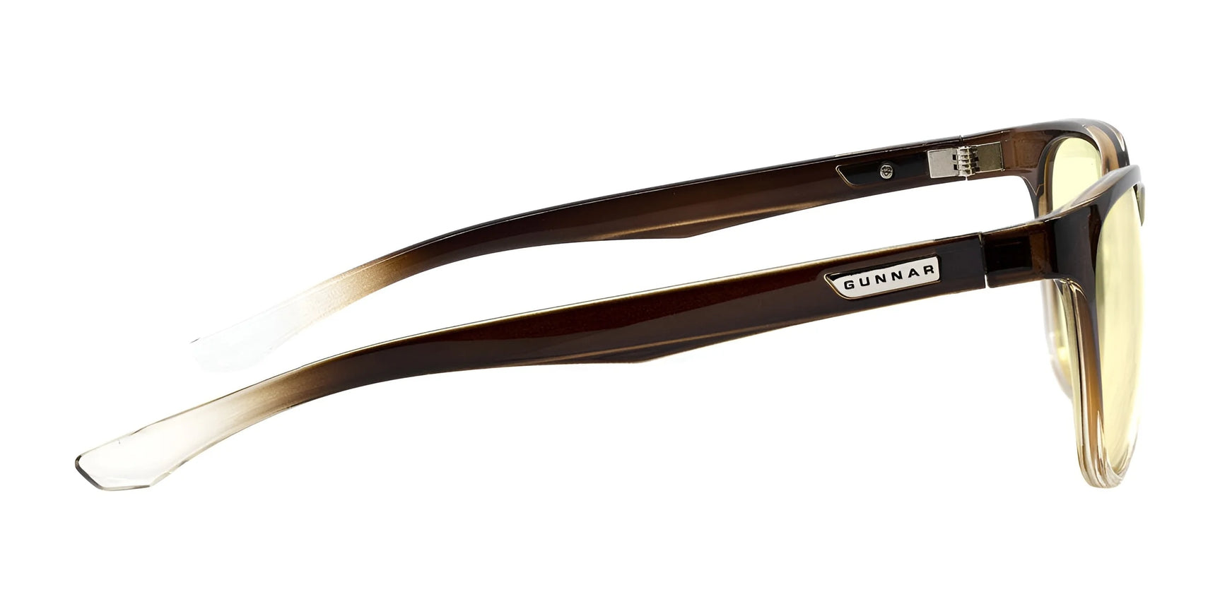 The side view shows gradient brown and clear frames made from durable nylon, with yellow-tinted, anti-reflective lenses featuring a "Gunnar" label on the temple. These Gunnar Berkeley Computer Glasses | Size 54 provide stylish blue light protection. The side view shows gradient brown and clear frames made from durable nylon, with yellow-tinted, anti-reflective lenses featuring a "Gunnar" label on the temple. These Gunnar Berkeley Computer Glasses | Size 54 provide stylish blue light protection.