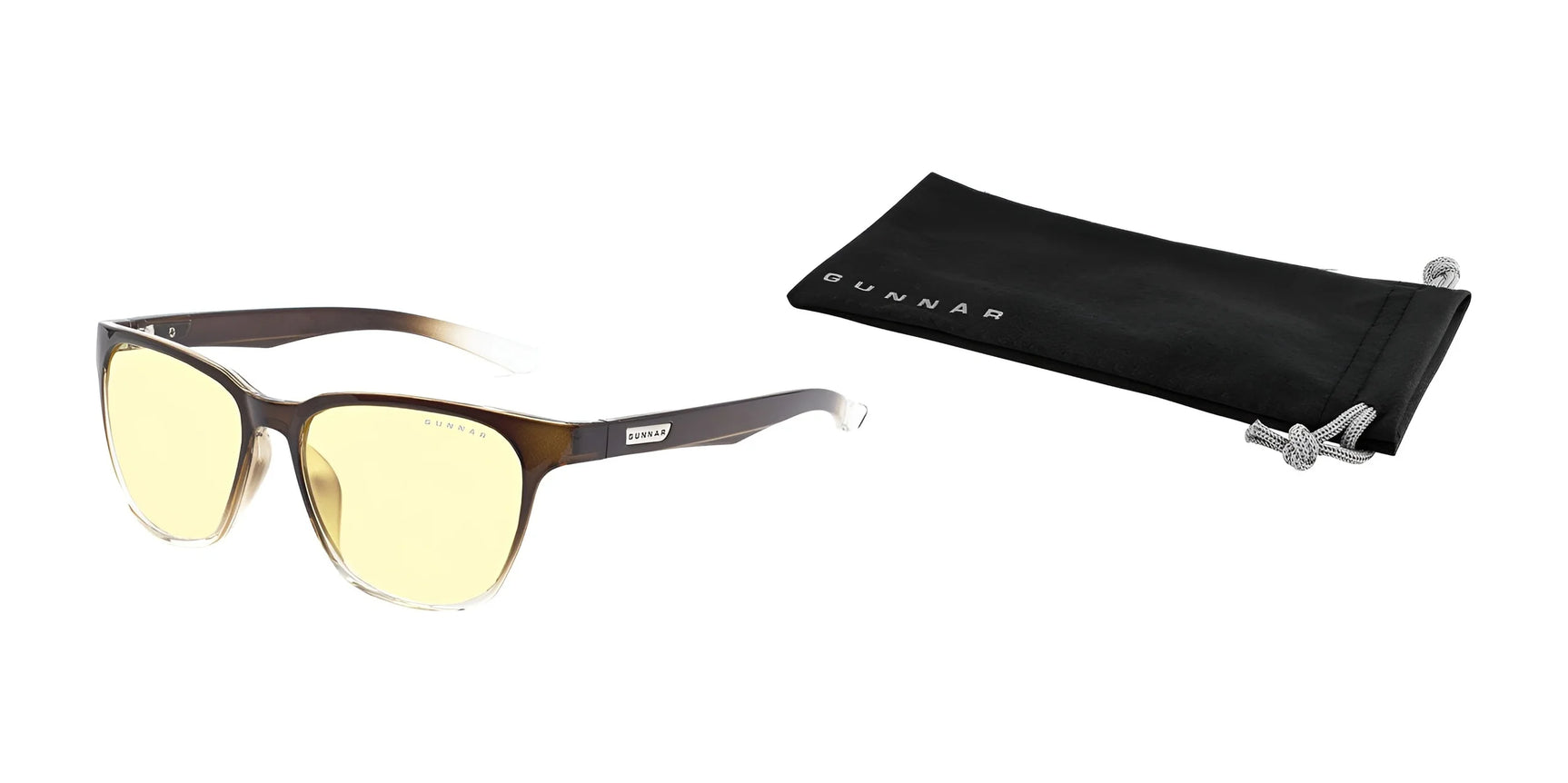 Gunnar's Berkeley Computer Glasses, size 54, feature clear frames and yellow anti-reflective lenses for blue light protection. They stylishly accompany a sleek black pouch on a white background. Gunnar's Berkeley Computer Glasses, size 54, feature clear frames and yellow anti-reflective lenses for blue light protection. They stylishly accompany a sleek black pouch on a white background.