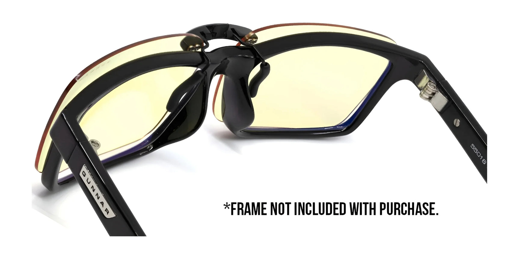 Gunnar Parker Clip-On | Size 60 eyeglasses feature black rims and yellow lenses for blue light protection, with side text stating "*Frame not included with purchase. Gunnar Parker Clip-On | Size 60 eyeglasses feature black rims and yellow lenses for blue light protection, with side text stating "*Frame not included with purchase.