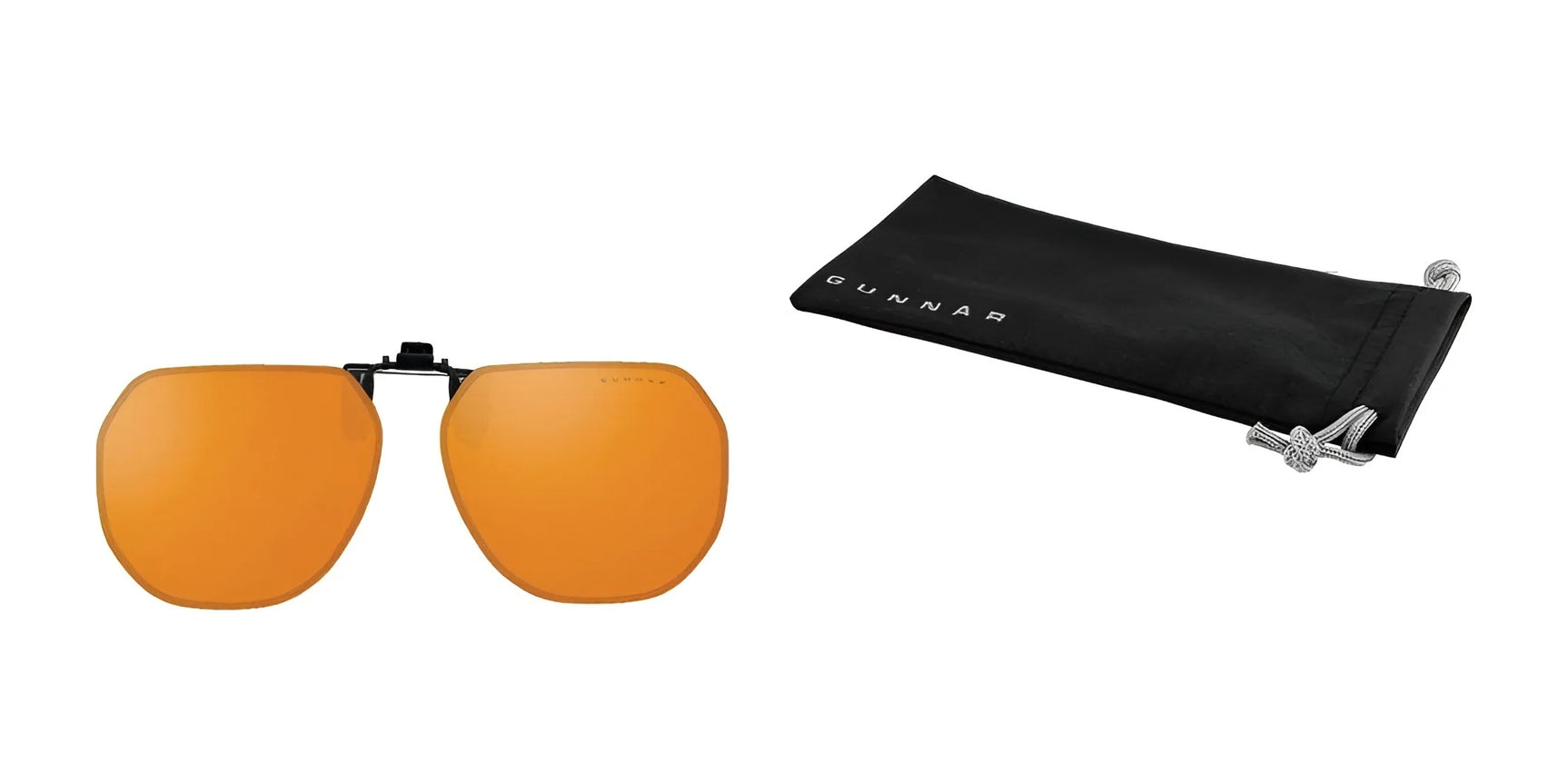 The Gunnar Moffet Clip-On | Size 61 sunglasses feature an orange tint and blue light protection, accompanied by a black Gunnar pouch, providing a sleek design for those on the go. The Gunnar Moffet Clip-On | Size 61 sunglasses feature an orange tint and blue light protection, accompanied by a black Gunnar pouch, providing a sleek design for those on the go.