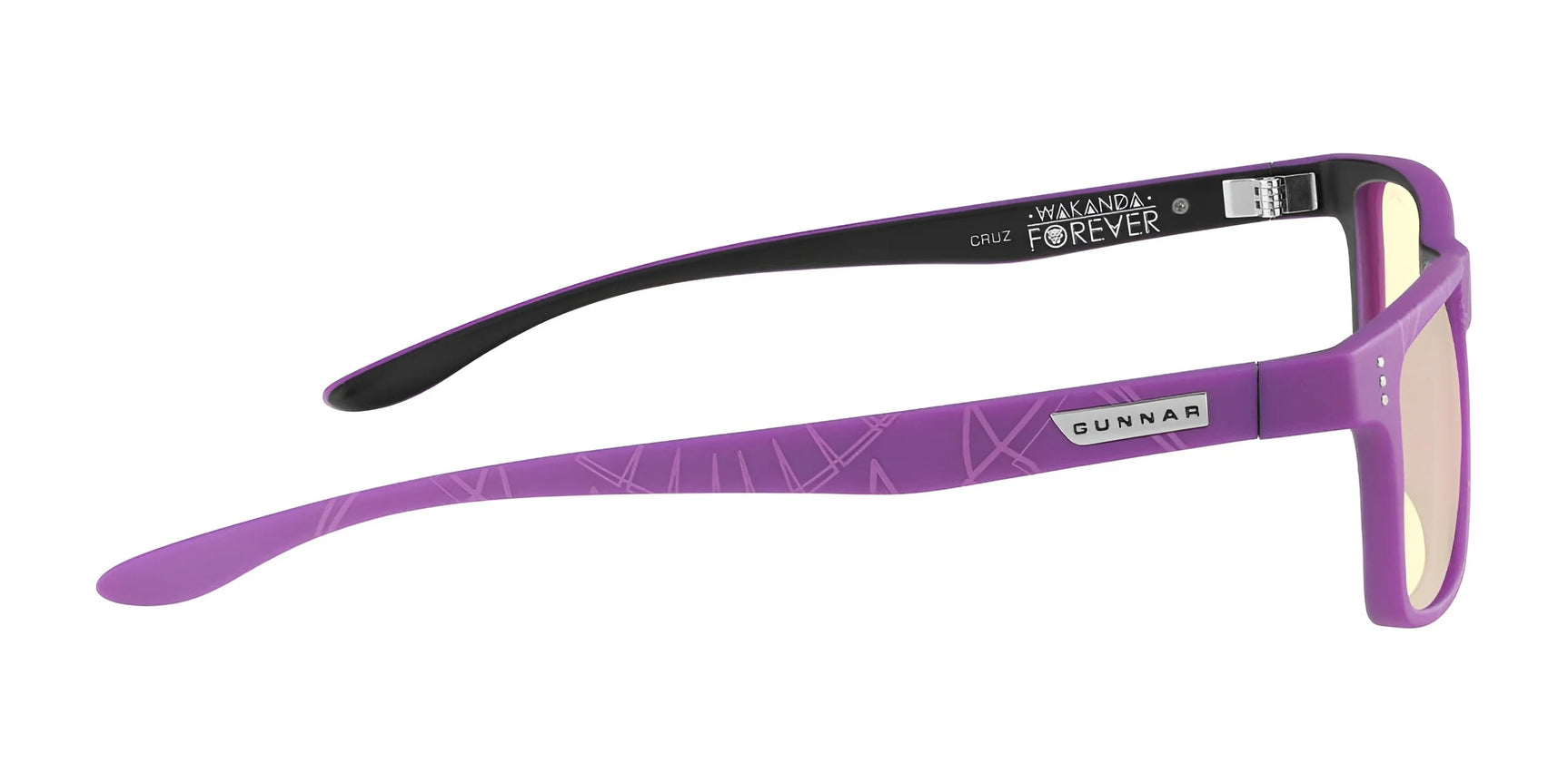 Introducing the Gunnar Cruz Black Panther Edition Computer Glasses in Size 55, featuring "Wakanda Forever" on the inner temple and geometric patterns on a durable nylon frame, with blue light protection for ultimate style and comfort. Introducing the Gunnar Cruz Black Panther Edition Computer Glasses in Size 55, featuring "Wakanda Forever" on the inner temple and geometric patterns on a durable nylon frame, with blue light protection for ultimate style and comfort.