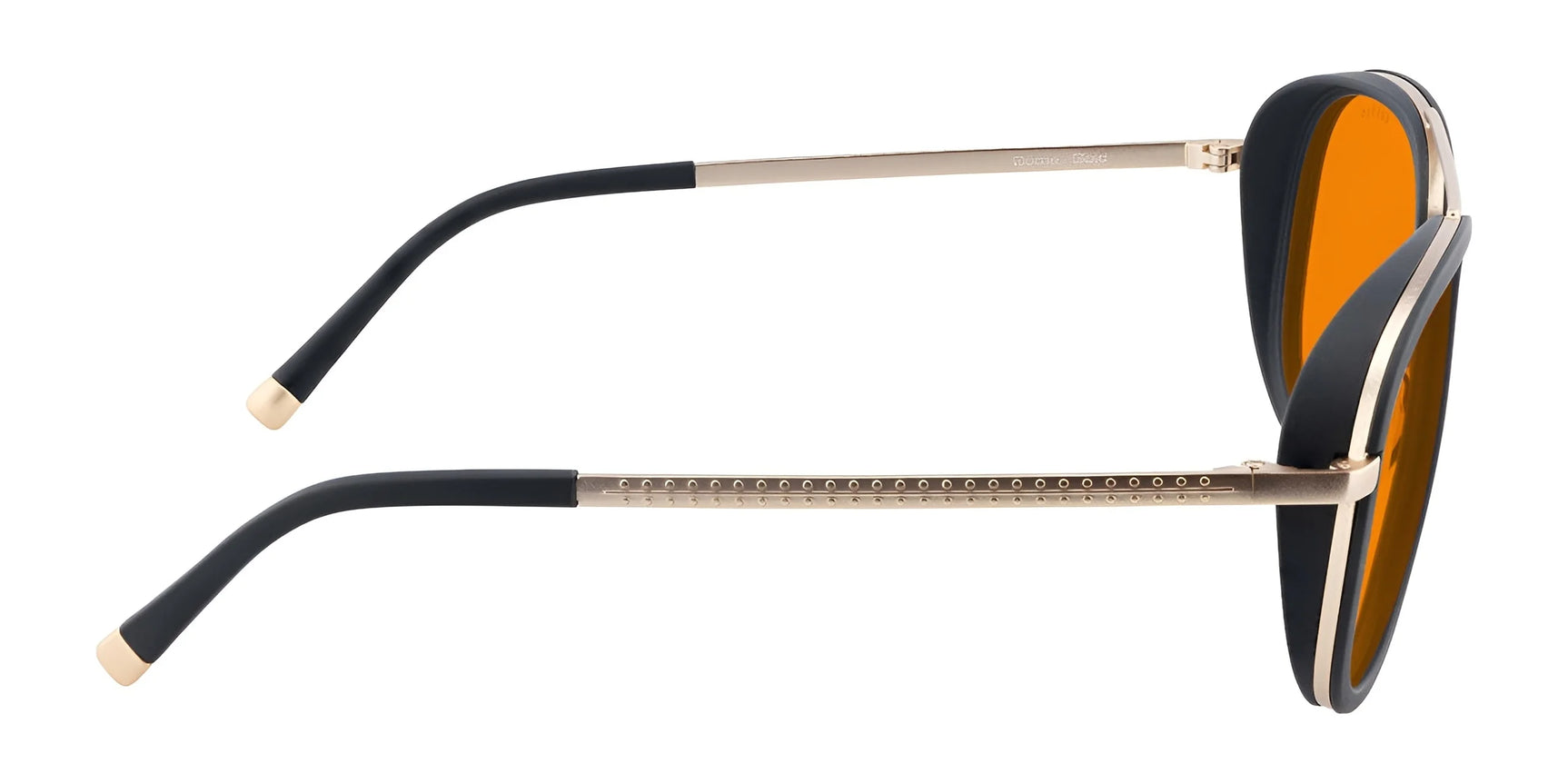 Side view of Gunnar Dume Computer Glasses with orange lenses and a chic black and gold stainless steel aviator frame. Side view of Gunnar Dume Computer Glasses with orange lenses and a chic black and gold stainless steel aviator frame.