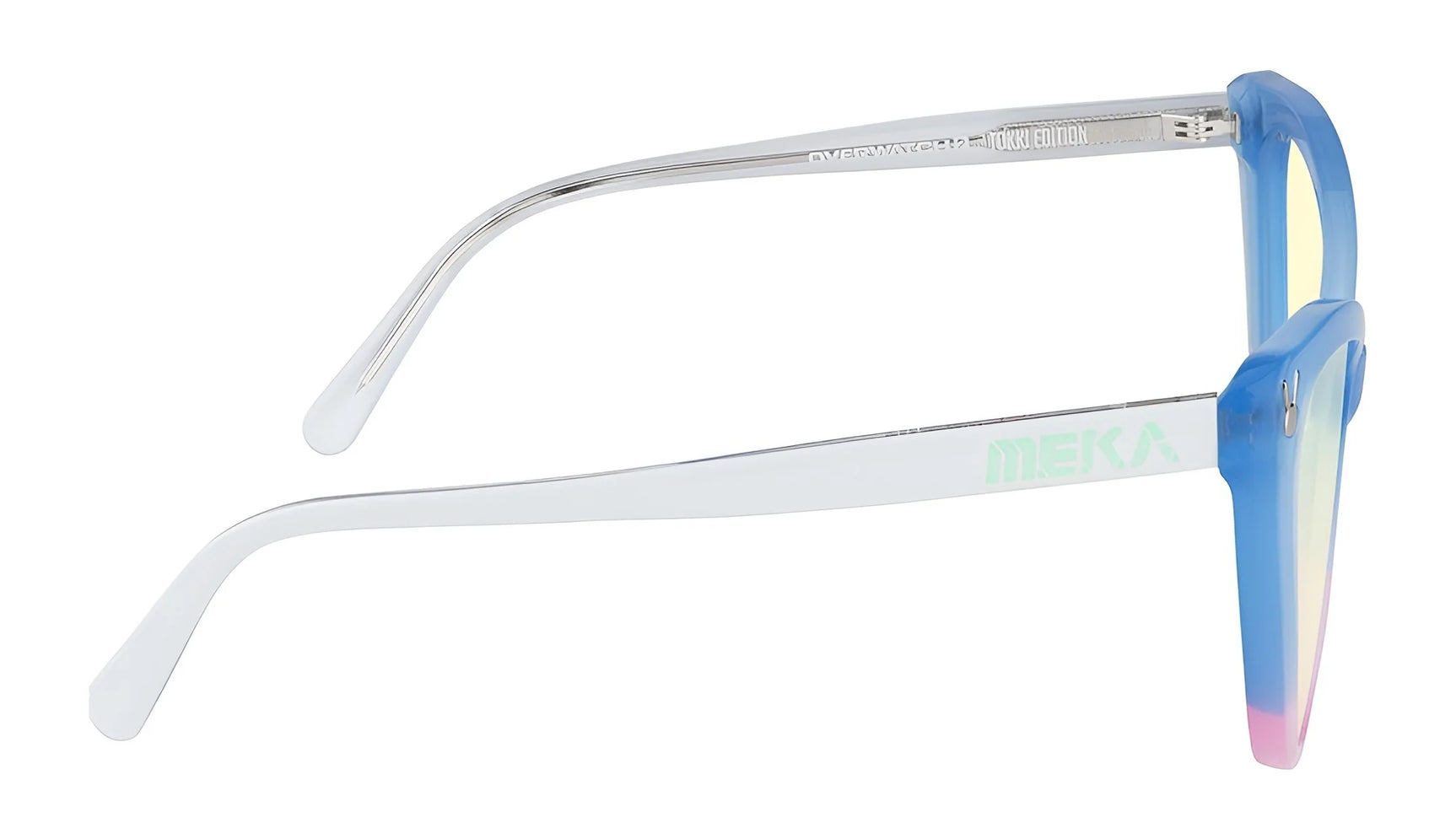 Side view of blue gradient Gunnar Overwatch DVa Tokki Edition Computer Glasses, size 54, with "MEKA" on the arm and GUNNAR technology for better visual comfort. Side view of blue gradient Gunnar Overwatch DVa Tokki Edition Computer Glasses, size 54, with "MEKA" on the arm and GUNNAR technology for better visual comfort.