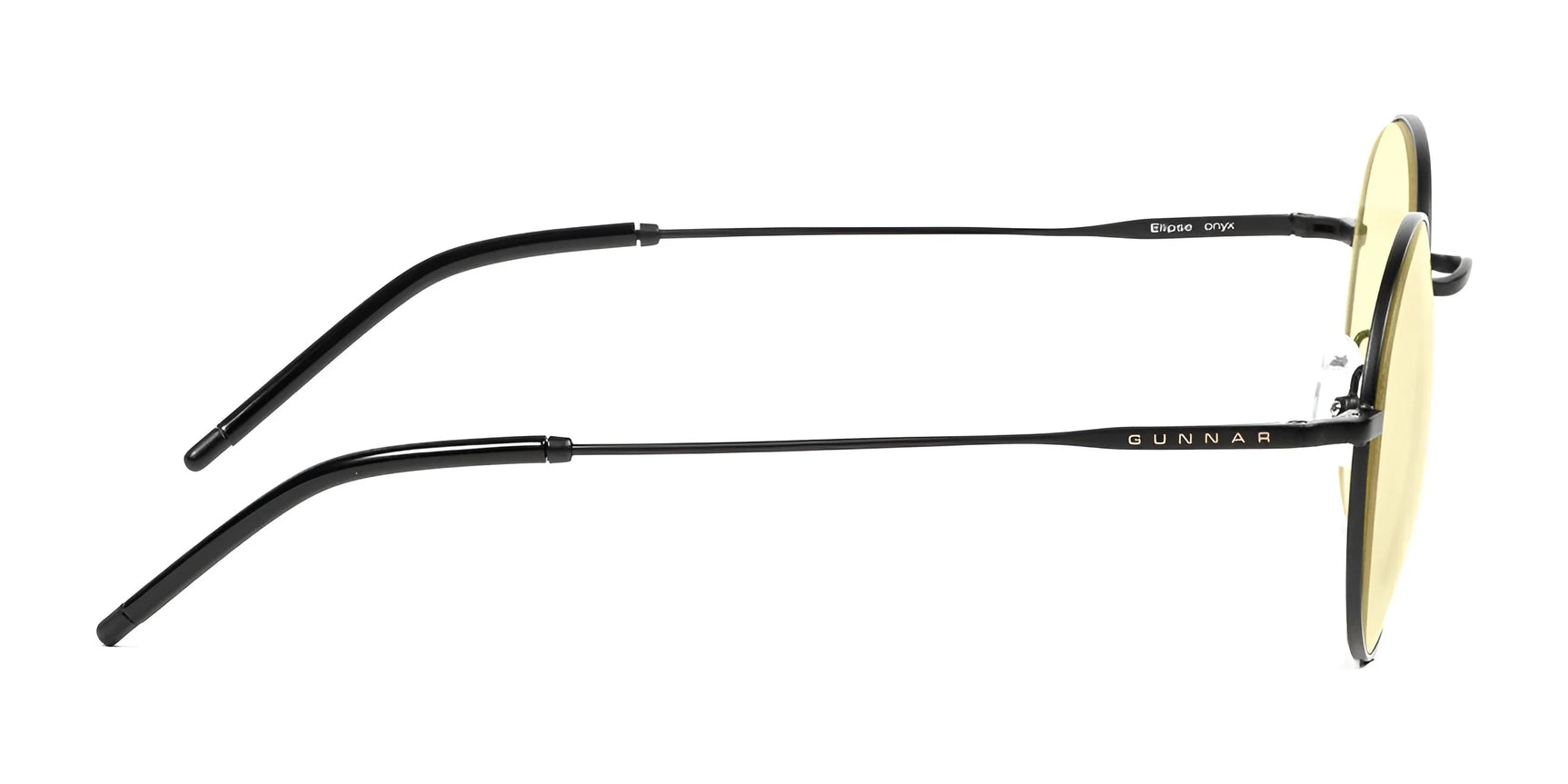 Side view of Gunnar Ellipse Computer Glasses with black frames and yellow-tinted lenses featuring a blue light filter. Made with a sleek stainless-steel frame, they display "GUNNAR" and model details on the temples, offering a panoramic viewing field. Side view of Gunnar Ellipse Computer Glasses with black frames and yellow-tinted lenses featuring a blue light filter. Made with a sleek stainless-steel frame, they display "GUNNAR" and model details on the temples, offering a panoramic viewing field.