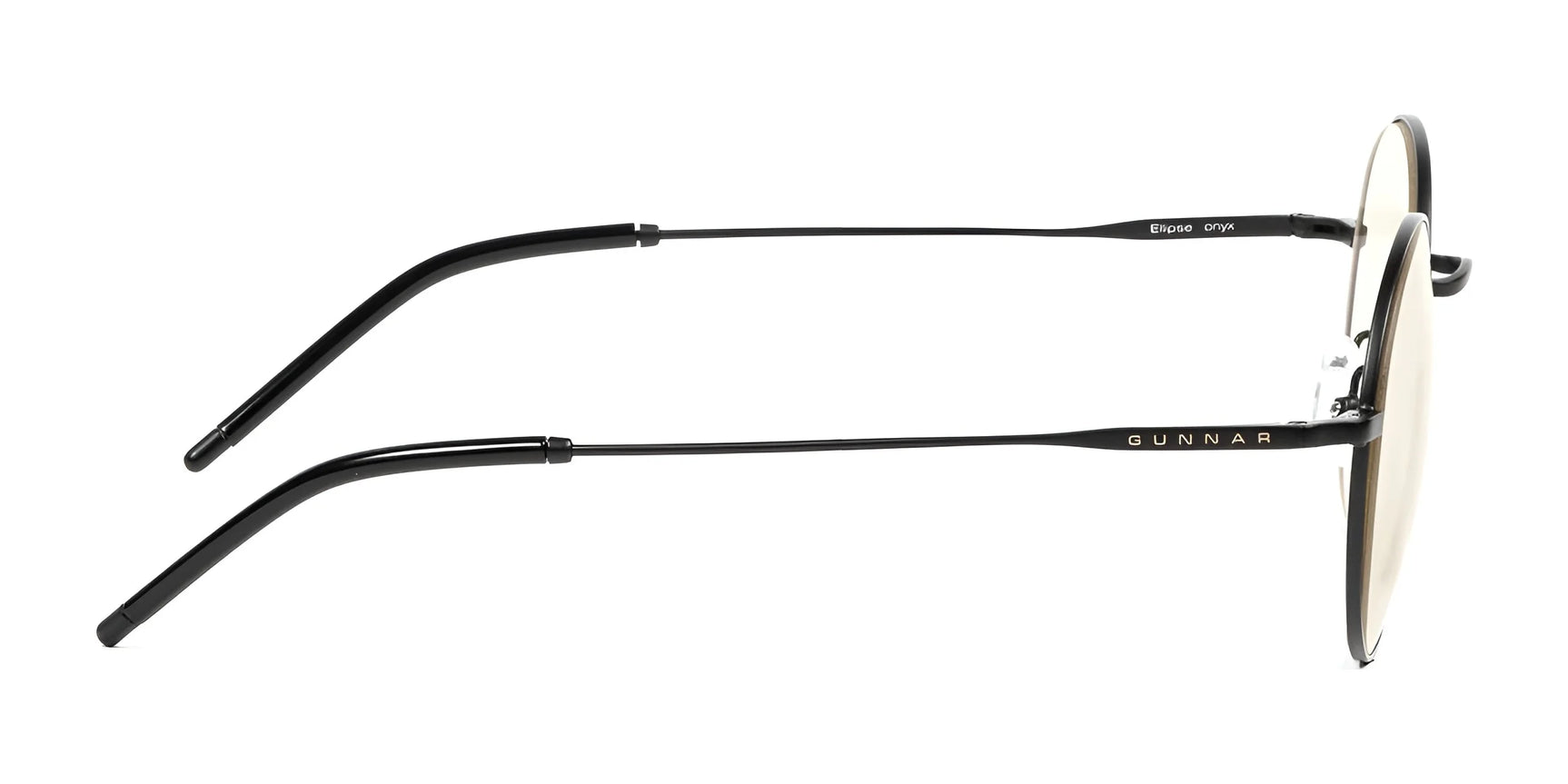 Side profile view of Gunnar Ellipse Computer Glasses with thin black stainless-steel frames featuring "Gunnar" text on the temple arm, offering a panoramic viewing field and enhanced comfort with ELLIPSE blue light filter technology. Side profile view of Gunnar Ellipse Computer Glasses with thin black stainless-steel frames featuring "Gunnar" text on the temple arm, offering a panoramic viewing field and enhanced comfort with ELLIPSE blue light filter technology.