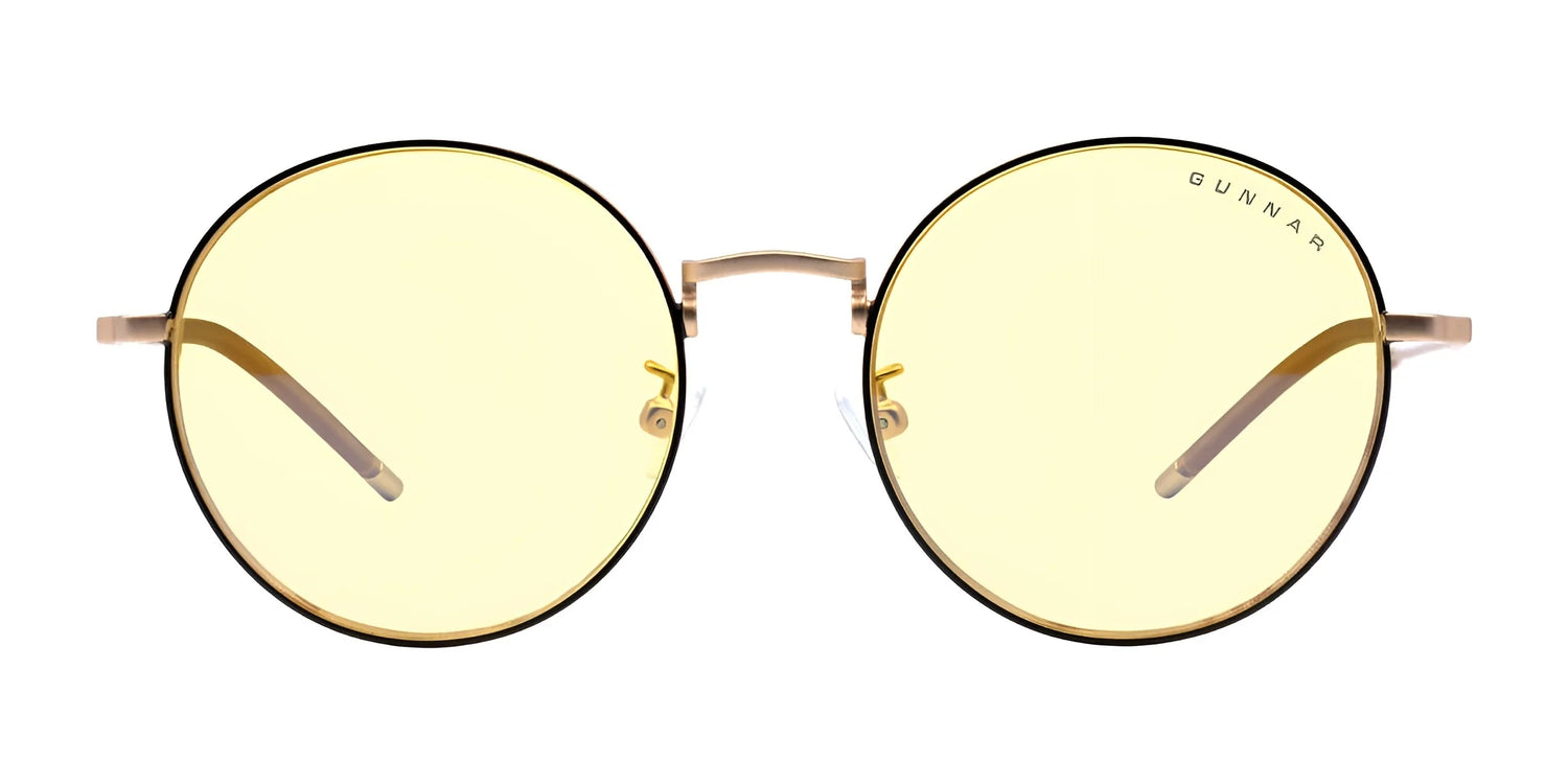 Gunnar Ellipse Computer Glasses, size 51, feature round lenses with thin stainless-steel frames and yellow tint, providing a panoramic view. Displayed on a white background. Gunnar Ellipse Computer Glasses, size 51, feature round lenses with thin stainless-steel frames and yellow tint, providing a panoramic view. Displayed on a white background.