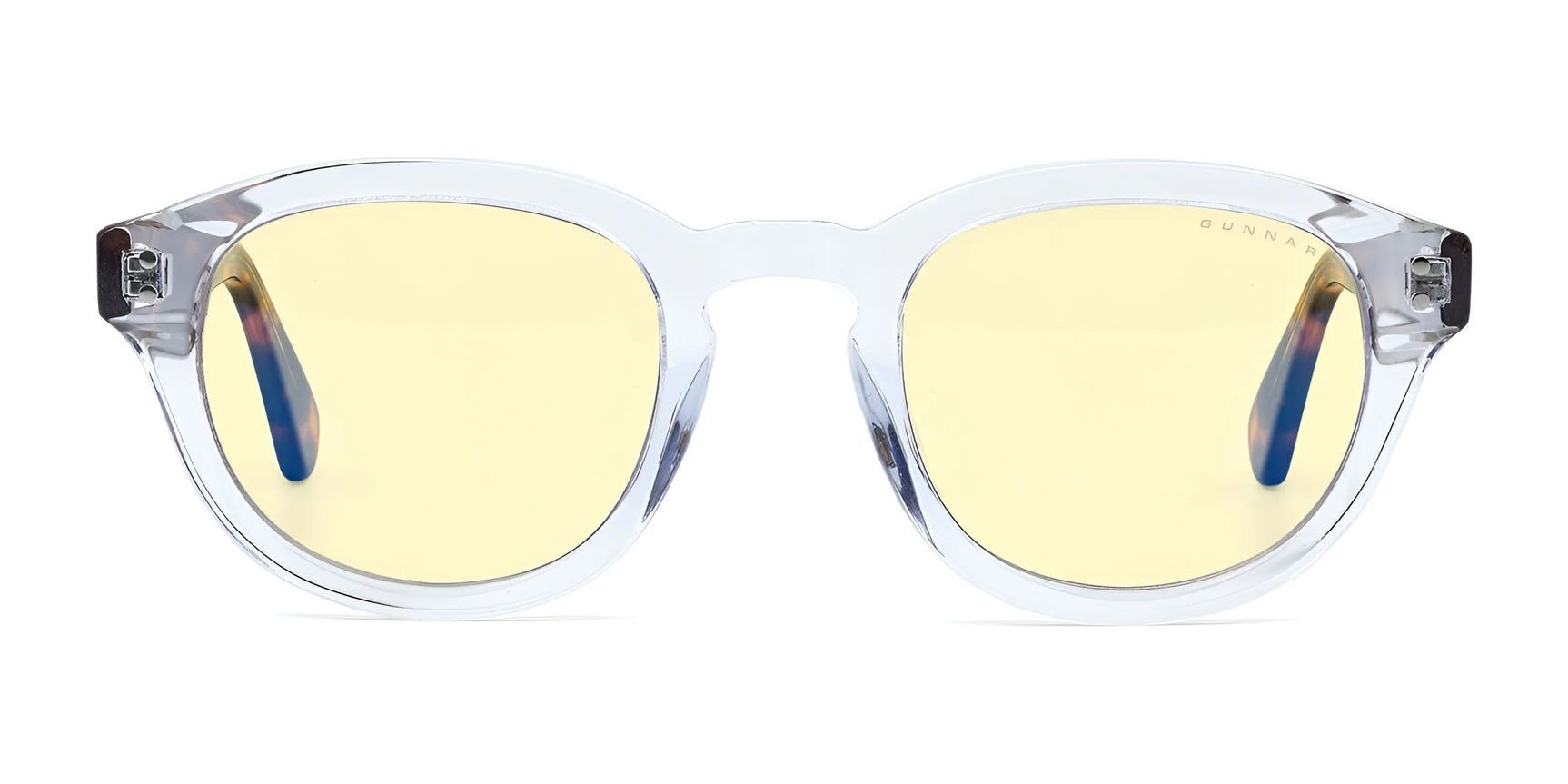 The Gunnar Emery Computer Glasses with a size 47 feature a premium clear-frame design and yellow-tinted lenses, elegantly displayed against a white background. The Gunnar Emery Computer Glasses with a size 47 feature a premium clear-frame design and yellow-tinted lenses, elegantly displayed against a white background.