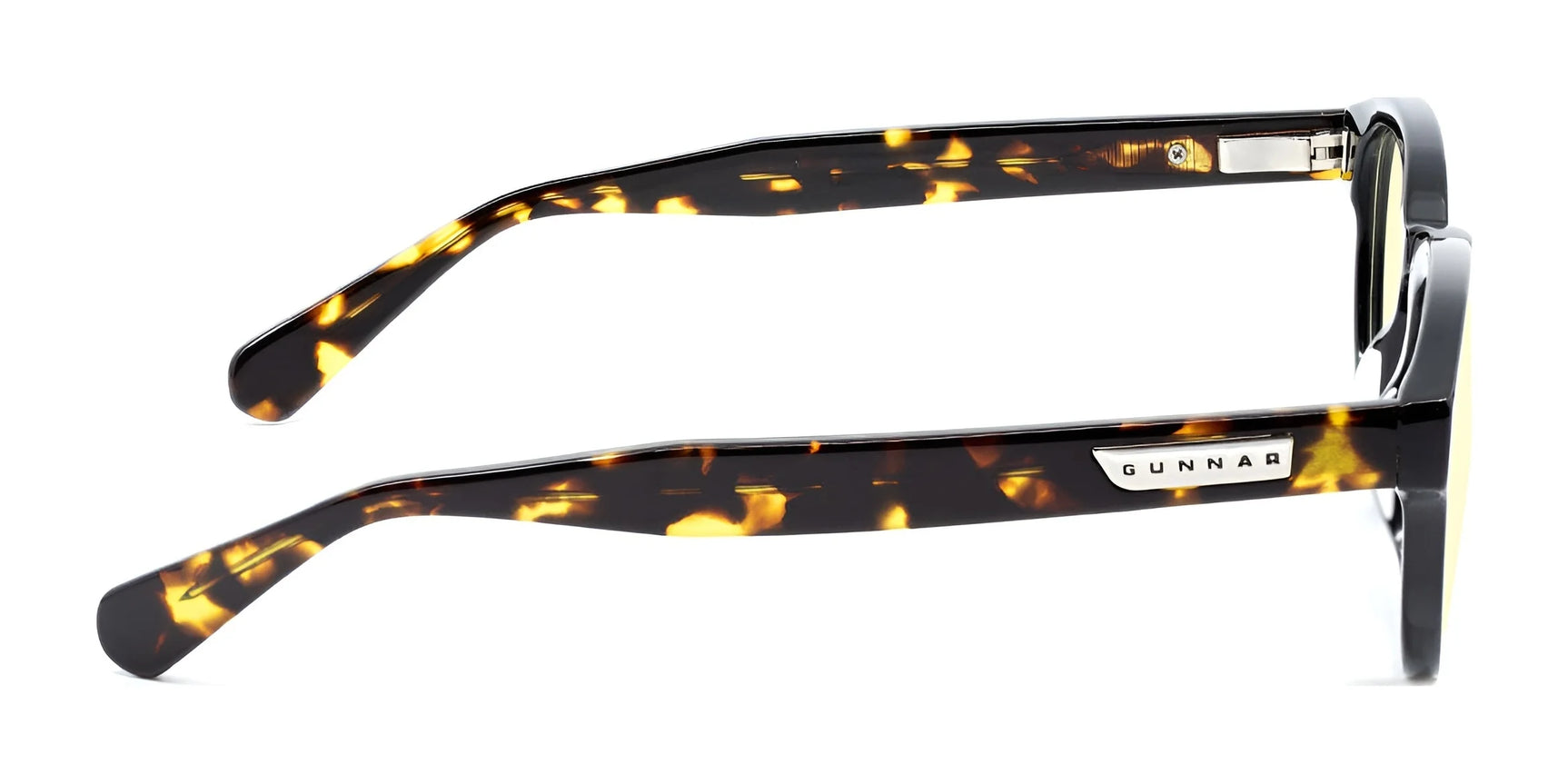 Side view of Gunnar Emery Computer Glasses, Size 47, with a tortoiseshell design and metal logo on the temple, featuring a premium frame by Gunnar. Side view of Gunnar Emery Computer Glasses, Size 47, with a tortoiseshell design and metal logo on the temple, featuring a premium frame by Gunnar.