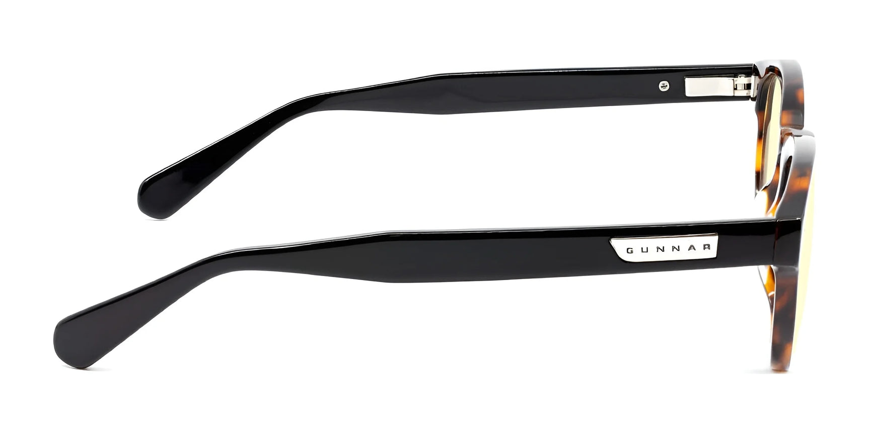Side view of Gunnar Emery Computer Glasses, size 47, with a black and tortoiseshell frame displaying the "GUNNAR" logo on the temple. Featuring a premium design, its blue light blocking and anti-reflective lens coating combine function with style. Side view of Gunnar Emery Computer Glasses, size 47, with a black and tortoiseshell frame displaying the "GUNNAR" logo on the temple. Featuring a premium design, its blue light blocking and anti-reflective lens coating combine function with style.