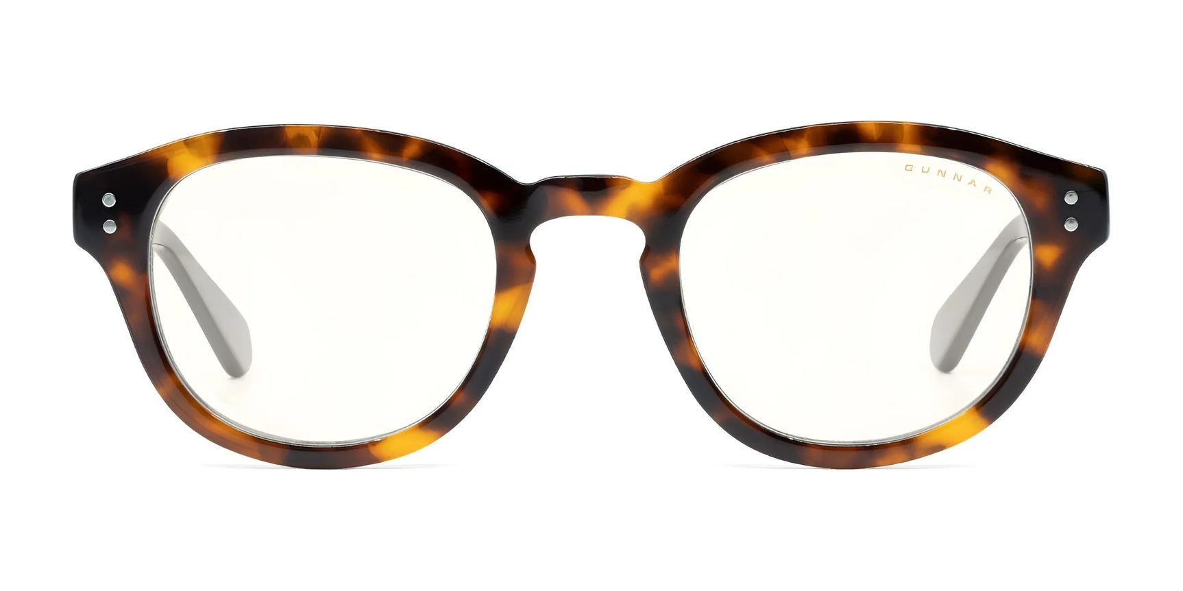 Gunnar Emery Computer Glasses, tortoise shell round frames with anti-reflective transparent lenses, displayed front view on a white background. Size 47. Gunnar Emery Computer Glasses, tortoise shell round frames with anti-reflective transparent lenses, displayed front view on a white background. Size 47.