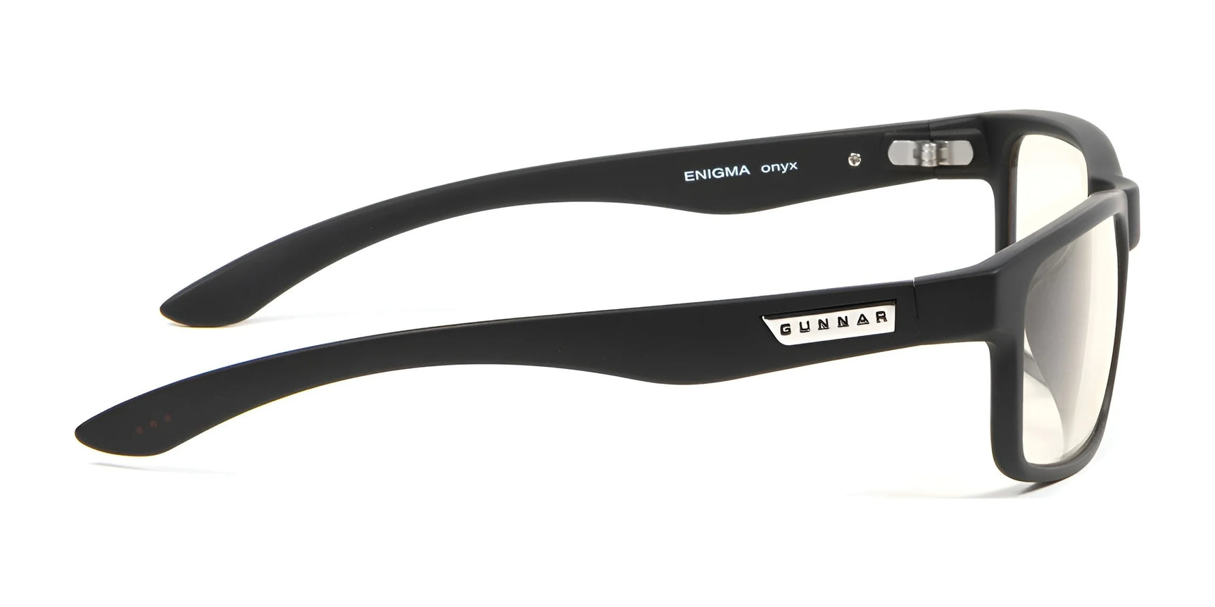 These black framed Gunnar Enigma Computer Glasses feature the "Gunnar" logo on the temple and "Enigma onyx" near the hinge, offering a stylish and functional design for blue light blocking. These black framed Gunnar Enigma Computer Glasses feature the "Gunnar" logo on the temple and "Enigma onyx" near the hinge, offering a stylish and functional design for blue light blocking.