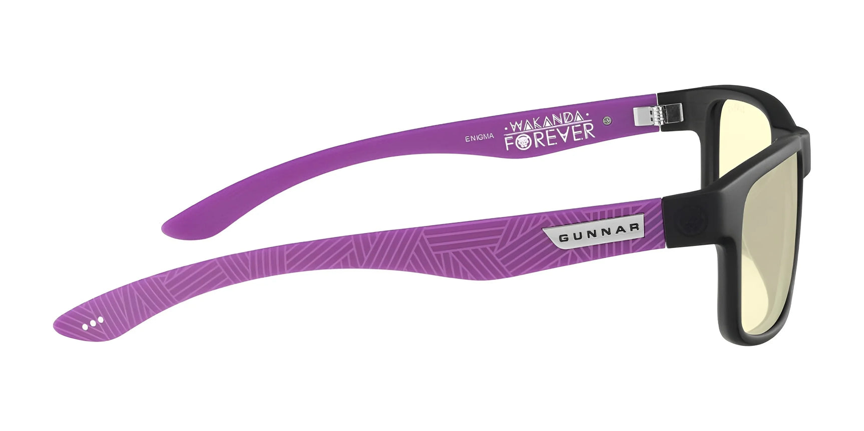 The Gunnar Enigma Black Panther Edition Computer Glasses feature a black and purple design with "Wakanda Forever" text inside the arms. These Size 58 glasses provide blue light protection and patented lens technology for optimal eye comfort and style. The Gunnar Enigma Black Panther Edition Computer Glasses feature a black and purple design with "Wakanda Forever" text inside the arms. These Size 58 glasses provide blue light protection and patented lens technology for optimal eye comfort and style.