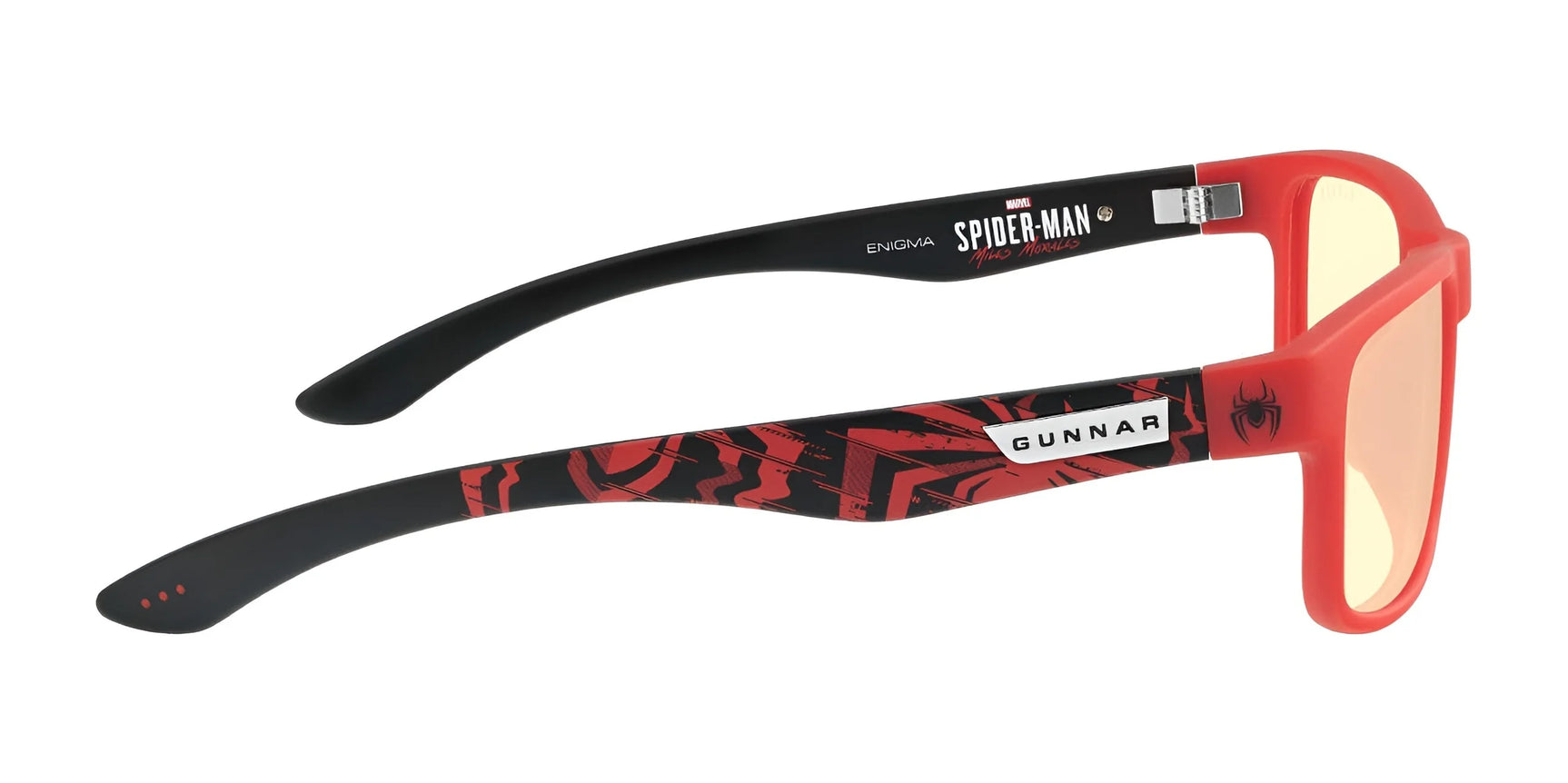 The Gunnar Enigma Spider-Man Miles Morales Edition Computer Glasses in red and black, with tinted lenses and a durable nylon frame, offer stylish blue light protection while showcasing your love for the iconic Marvel hero. The Gunnar Enigma Spider-Man Miles Morales Edition Computer Glasses in red and black, with tinted lenses and a durable nylon frame, offer stylish blue light protection while showcasing your love for the iconic Marvel hero.