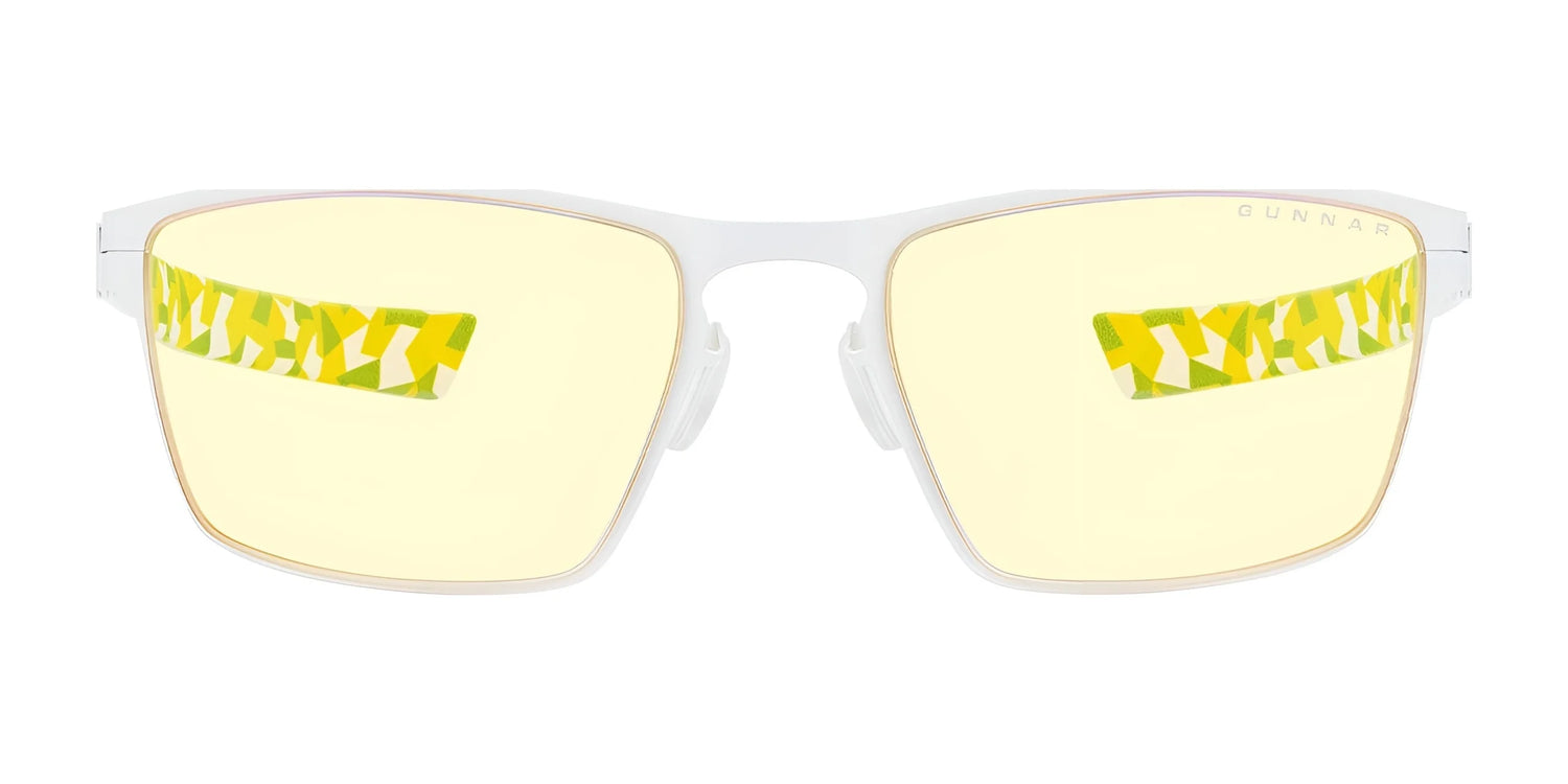 Gunnar ESL Blade Lite Computer Glasses, Size 55: Yellow-tinted lenses with a white frame and geometric yellow-green temple design, featuring blue light-blocking technology to combat digital eye strain. Gunnar ESL Blade Lite Computer Glasses, Size 55: Yellow-tinted lenses with a white frame and geometric yellow-green temple design, featuring blue light-blocking technology to combat digital eye strain.