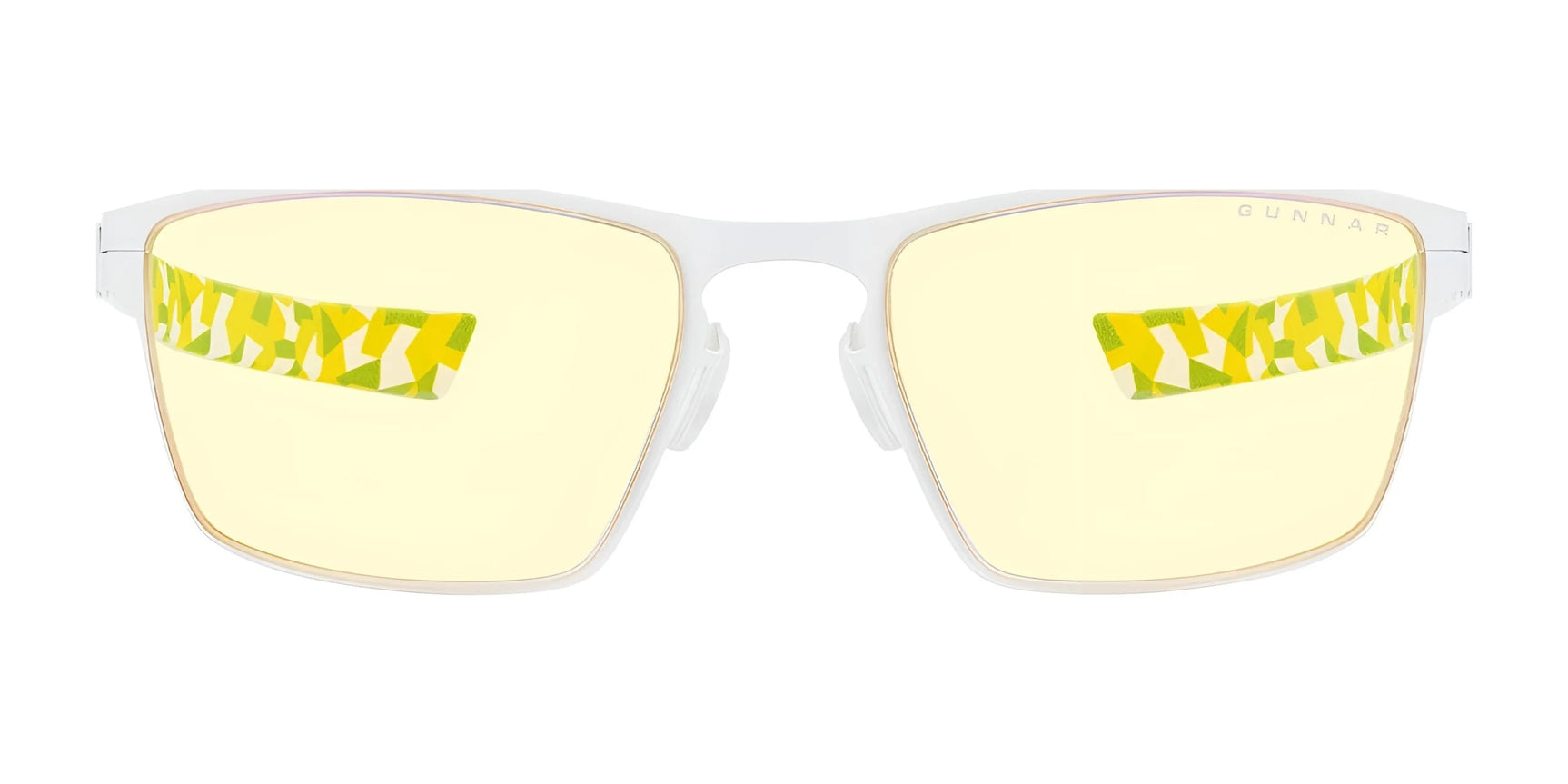 Gunnar ESL Blade Lite Computer Glasses, Size 55: Yellow-tinted lenses with a white frame and geometric yellow-green temple design, featuring blue light-blocking technology to combat digital eye strain. Gunnar ESL Blade Lite Computer Glasses, Size 55: Yellow-tinted lenses with a white frame and geometric yellow-green temple design, featuring blue light-blocking technology to combat digital eye strain.