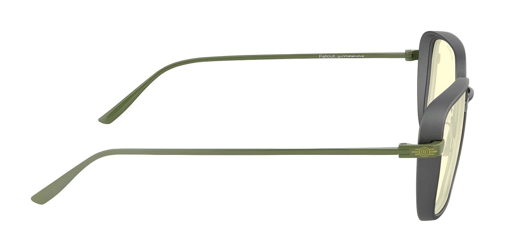 Side view of Gunnar Fallout Vault 33 glasses featuring retro-futuristic green frames, round lenses, thin arms, and subtle branding on the temples; perfect for a Fallout-inspired look. Side view of Gunnar Fallout Vault 33 glasses featuring retro-futuristic green frames, round lenses, thin arms, and subtle branding on the temples; perfect for a Fallout-inspired look.