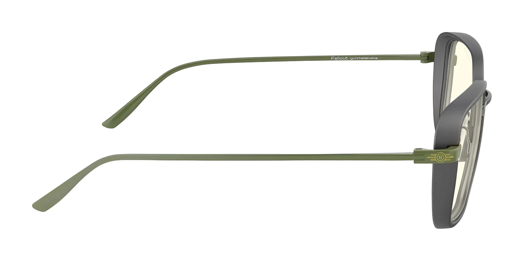 Side view of the Gunnar Fallout Vault 33 Computer Glasses, a chic, retro-futuristic design in green and black with transparent lenses, featuring thin temples and slightly curved arms. Size 52. Side view of the Gunnar Fallout Vault 33 Computer Glasses, a chic, retro-futuristic design in green and black with transparent lenses, featuring thin temples and slightly curved arms. Size 52.