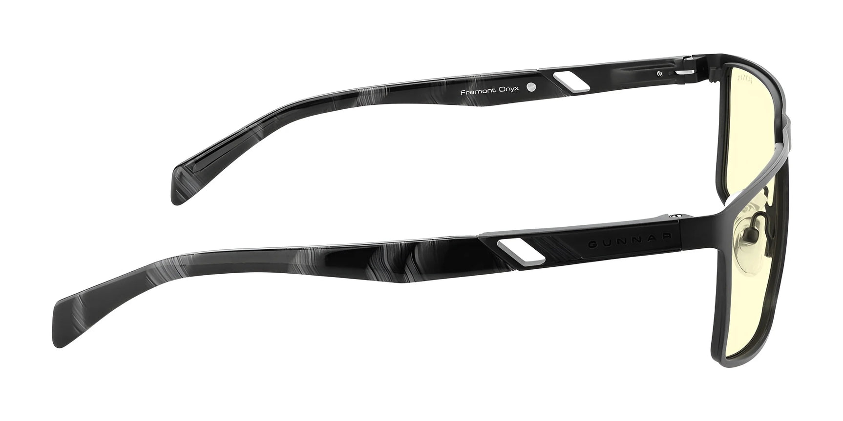 Side view of black Gunnar Fremont Computer Glasses showcasing yellow-tinted lenses with a sleek, modern design and blue light blocking technology. Side view of black Gunnar Fremont Computer Glasses showcasing yellow-tinted lenses with a sleek, modern design and blue light blocking technology.
